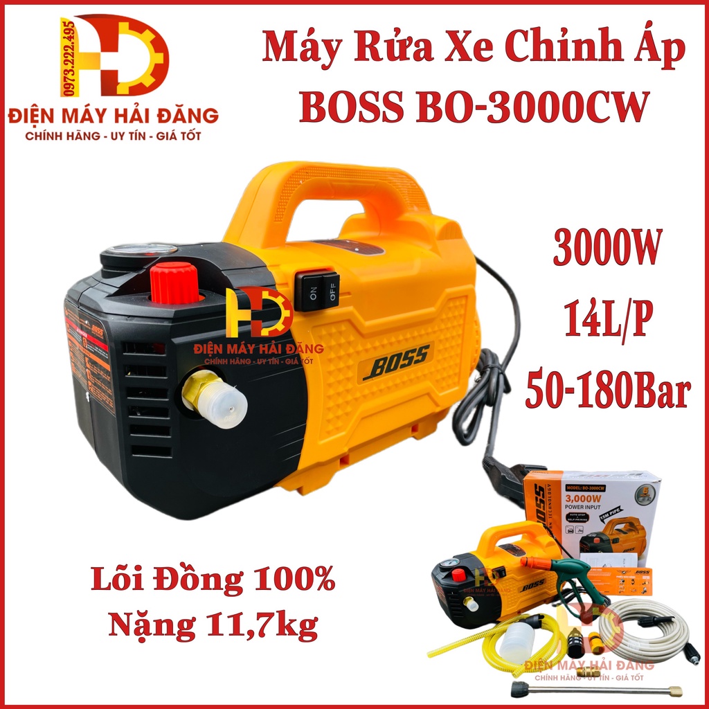 Máy rửa xe chỉnh áp BOSS BO-3000CW.Công Suất 3000W . Dây 15 Mét.Lõi Đồng 100% Bảo hàng 12 tháng