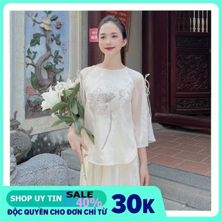 Đồ lam đi chùa Pháp phục nữ cổ tròn thêu hoa cúc trang phục phật tử đi lễ