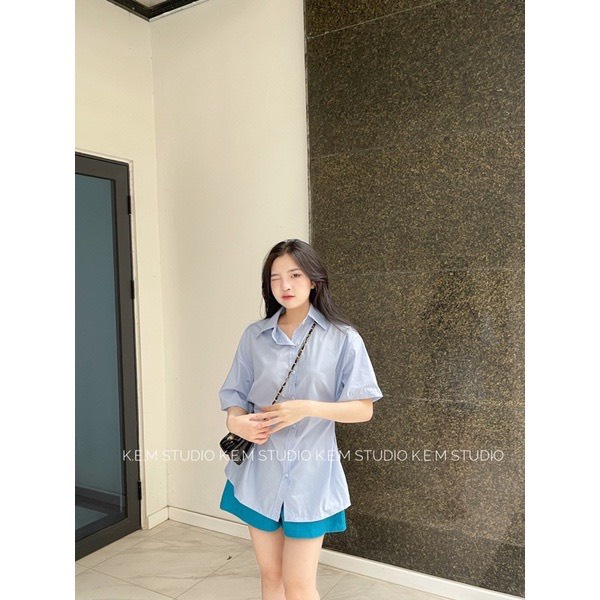 Set áo sơ mi cộc tay khuy bấm eo kèm quần sooc ống rộng hot trend