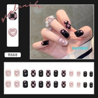 Móng tay giả đính đá ZCAT màu/tone đen hồng BLACKPINK phong cách Hàn Quốc hộp 24 móng kèm keo