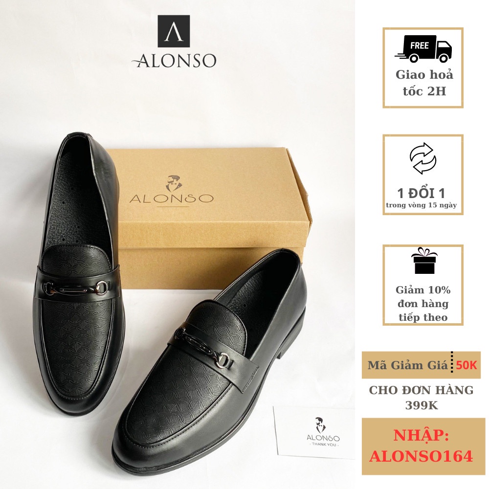 Giày lười nam ALONSO đế cao su da bò thật tăng chiều cao 3cm kiểu dáng công sở sang trọng bảo hành 12 tháng mã ALS02