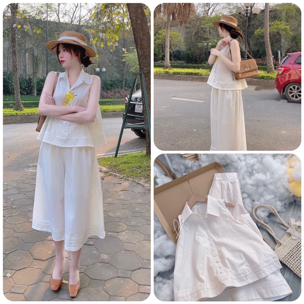 SET ÁO PEPLUM CỔ SƠ MI SÁT NÁCH + QUẦN SUÔN RỘNG KEM