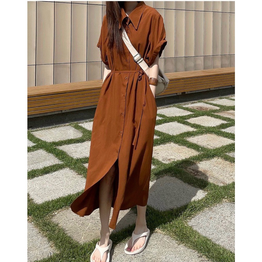 Đầm Váy sơ mi nữ dáng dài có dây thắt lưng trơn ngắn tay Phong cách Hàn Quốc size M,L,XL