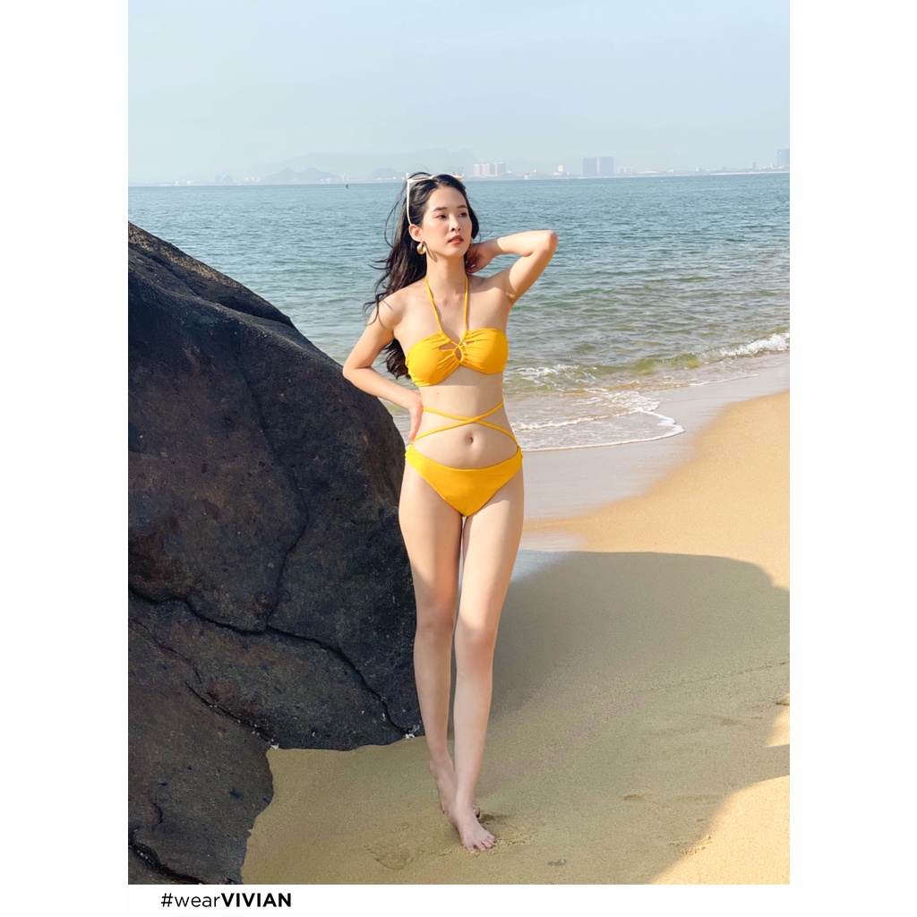 Đồ bơi nữ cao cấp 𝐕𝐈𝐕𝐈𝐀𝐍 dạng hai mảnh áo ống phối dây tạo hình - Vàng - VS186_YL