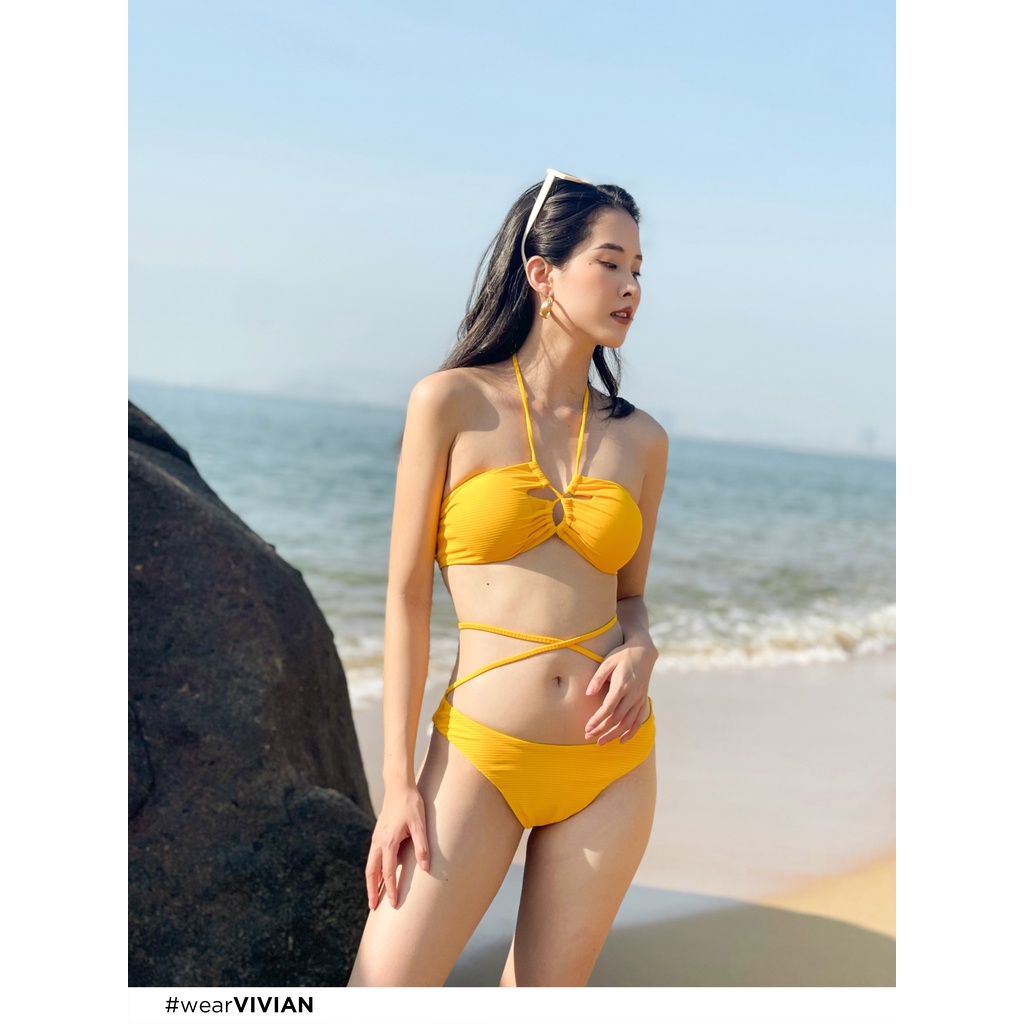 Đồ bơi nữ cao cấp 𝐕𝐈𝐕𝐈𝐀𝐍 dạng hai mảnh áo ống phối dây tạo hình - Vàng - VS186_YL