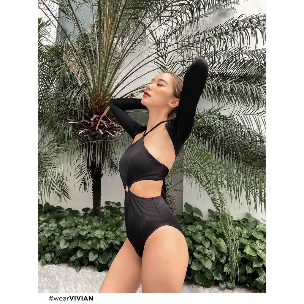 Đồ bơi nữ cao cấp 𝐕𝐈𝐕𝐈𝐀𝐍 dạng một mảnh yếm phối áo tay dài cover - Đen - VS187_BL