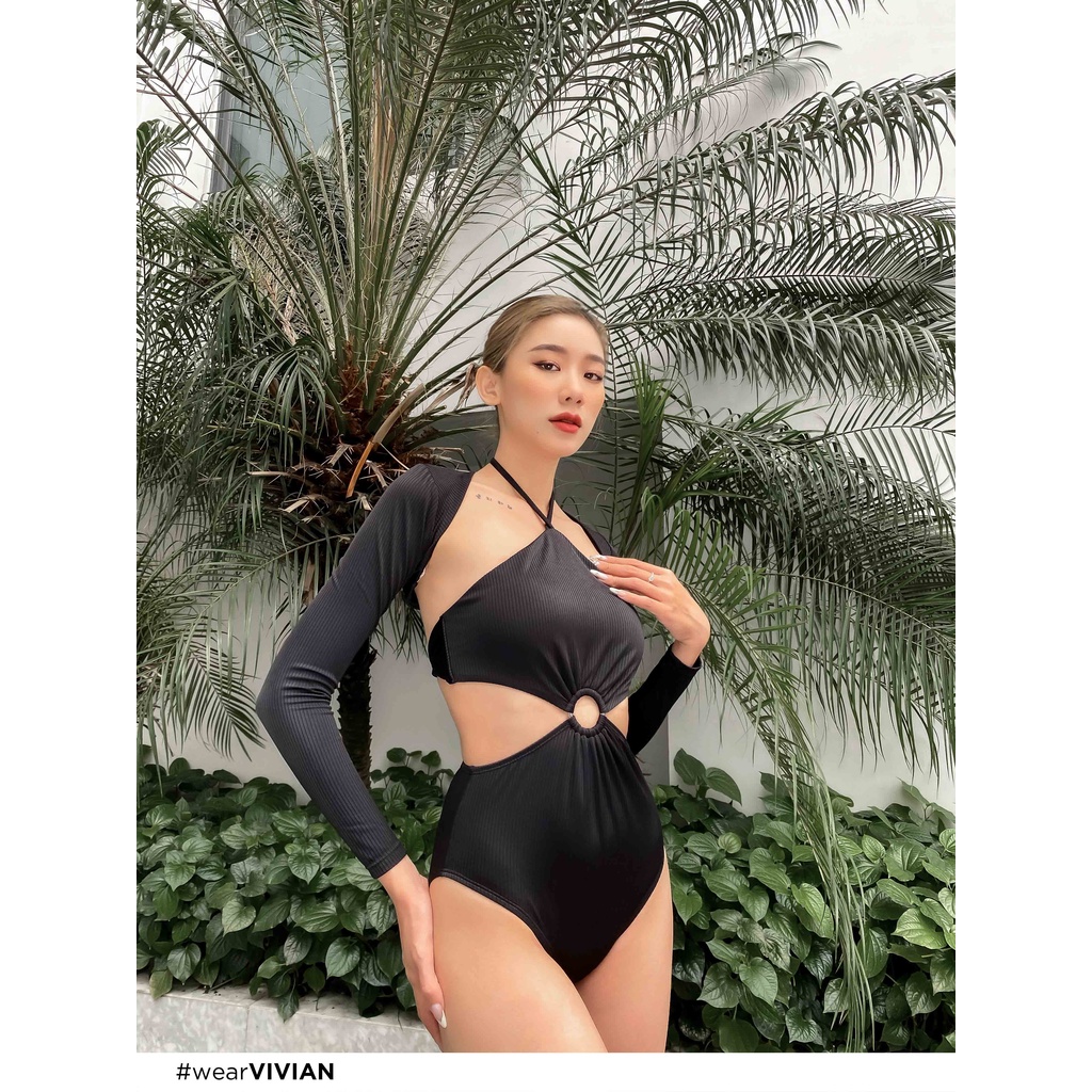 Đồ bơi nữ cao cấp 𝐕𝐈𝐕𝐈𝐀𝐍 dạng một mảnh yếm phối áo tay dài cover - Đen - VS187_BL