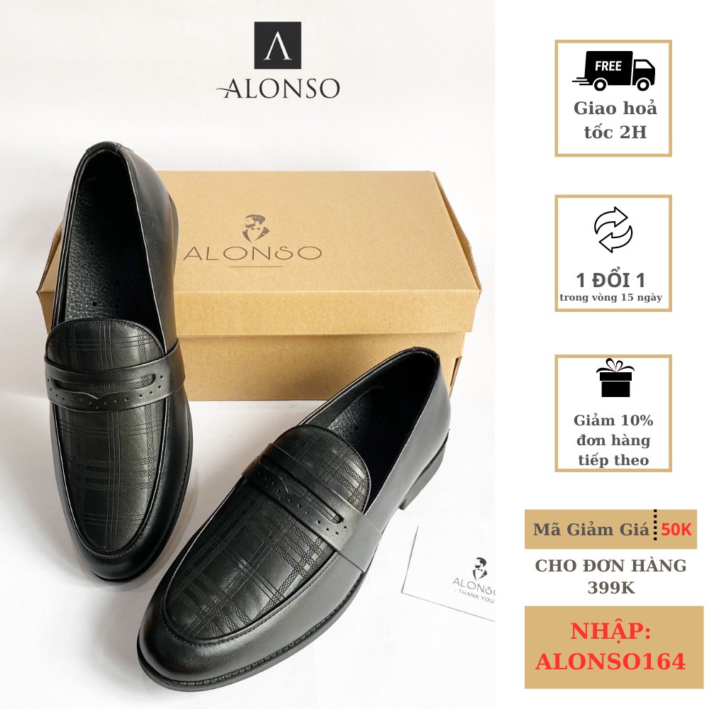 Giày lười nam ALONSO mẫu loafer công sở màu đen sang trọng đế cao su da bò thật bảo hành 12 tháng mã ALS30