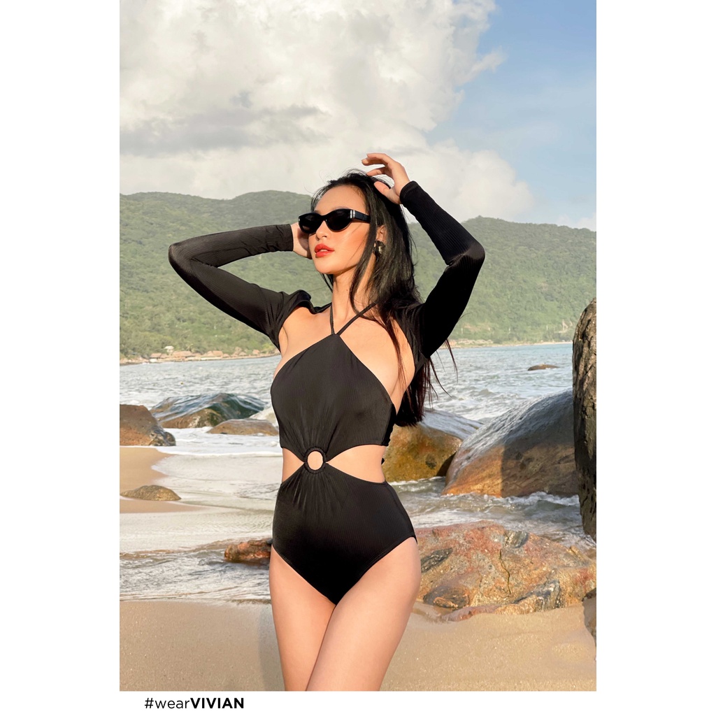 Đồ bơi nữ cao cấp 𝐕𝐈𝐕𝐈𝐀𝐍 dạng một mảnh yếm phối áo tay dài cover - Đen - VS187_BL