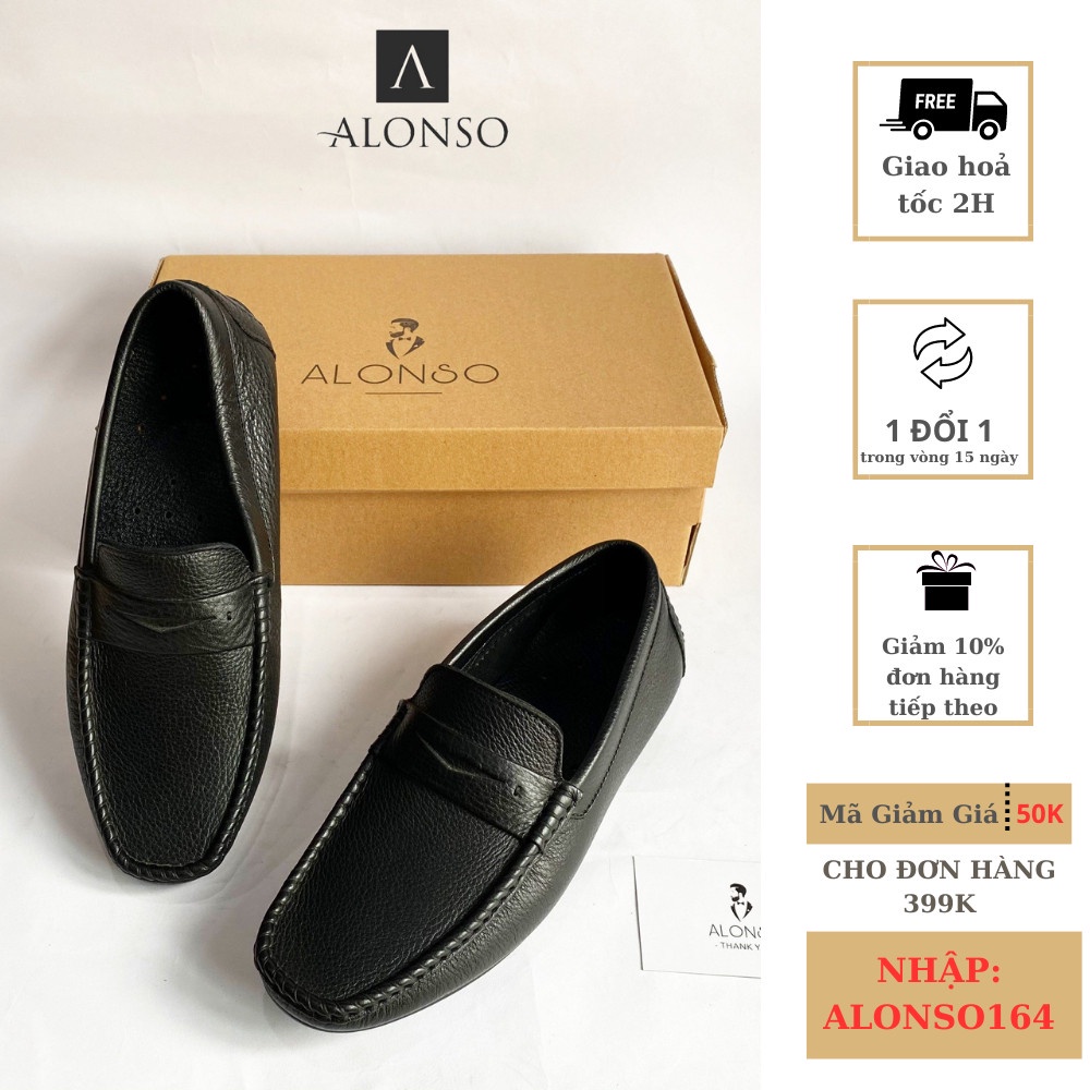 Giày lười nam ALONSO đế cao su da bò thật kiểu dáng công sở sang trọng lịch lãm bảo hành 12 tháng mã ALS05