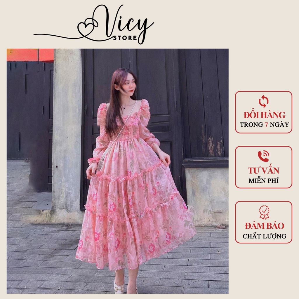 Đầm maxi tay dài hoa hồng đi biển, Váy nữ dáng dài đi chơi dự tiệc may nhún bo chun HHNHU004
