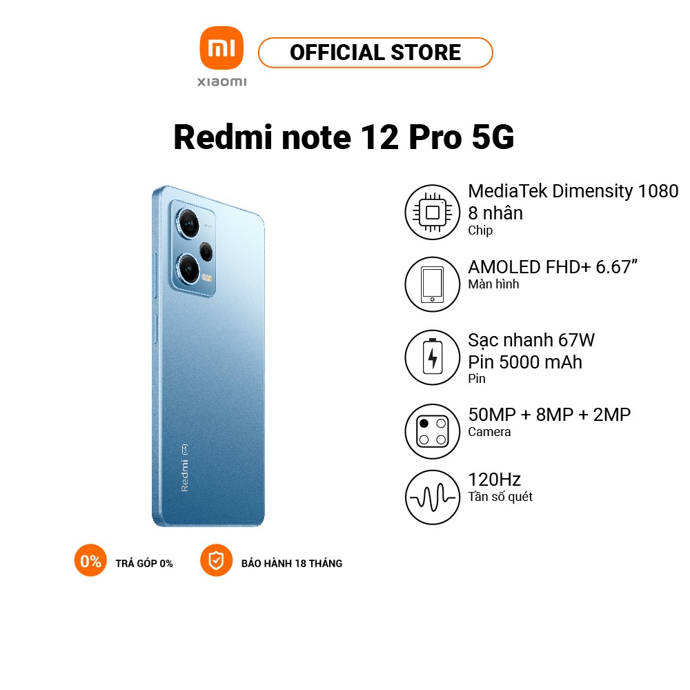 [Mã ELBAUCN2 giảm 250k] Điện thoại Xiaomi Redmi Note 12 Pro 5G (8GB+256GB) AMOLED 6.67" FHD+| MediaTek Dimensity 1080