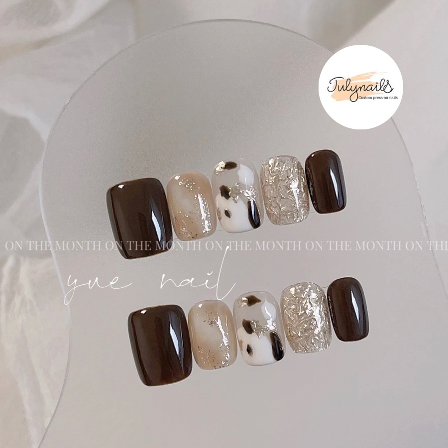 Móng úp thiết kế loang màu Hàn Quốc nb211 form ngắn màu nâu đen julynails.vn