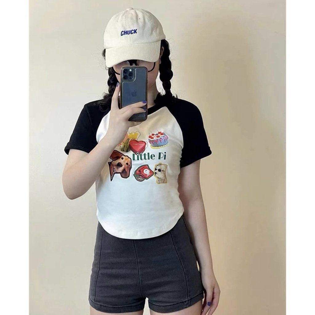 Áo Thun Baby tee Chất Thun Co Dãn In Hình Dễ Thương, Áo Croptop Nữ Ôm Body Raglan Năng Động Trẻ Trung