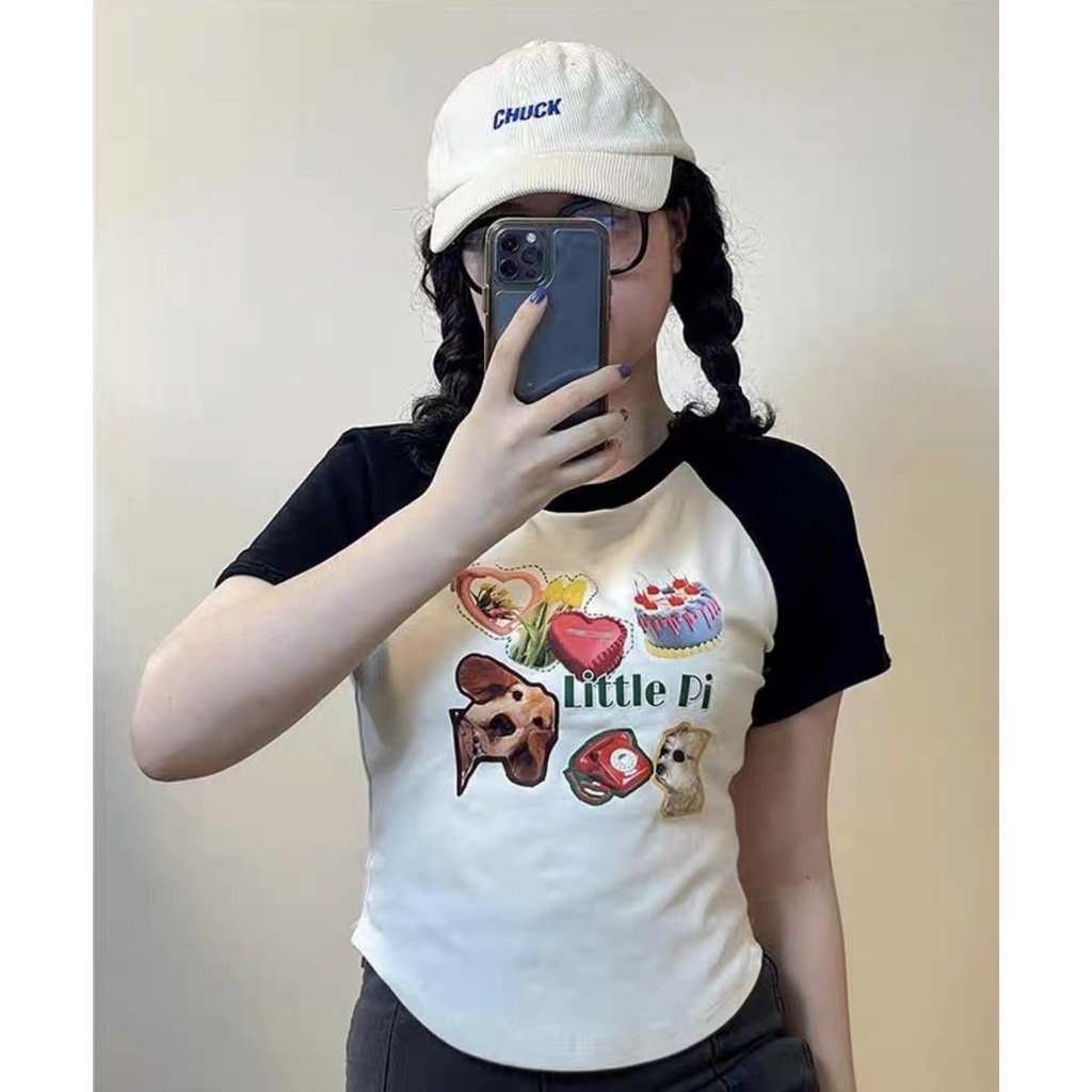 Áo Thun Baby tee Chất Thun Co Dãn In Hình Dễ Thương, Áo Croptop Nữ Ôm Body Raglan Năng Động Trẻ Trung