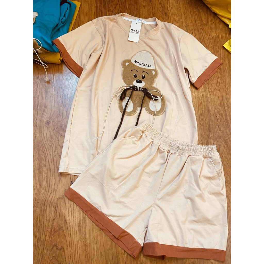 Bộ mặc nhà nữ mùa hè , đồ bộ bigsize chất cotton khô, thêu hình gấu