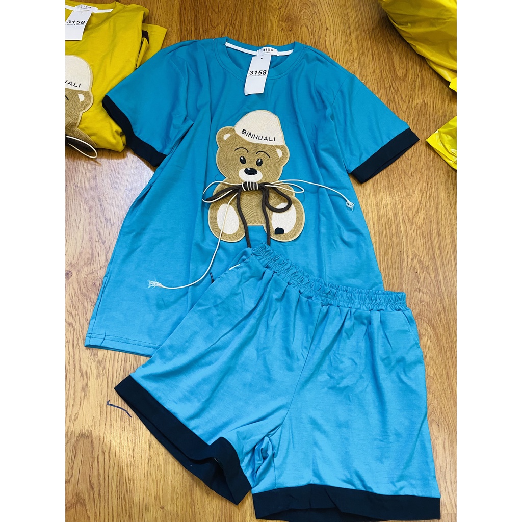 Bộ mặc nhà nữ mùa hè , đồ bộ bigsize chất cotton khô, thêu hình gấu