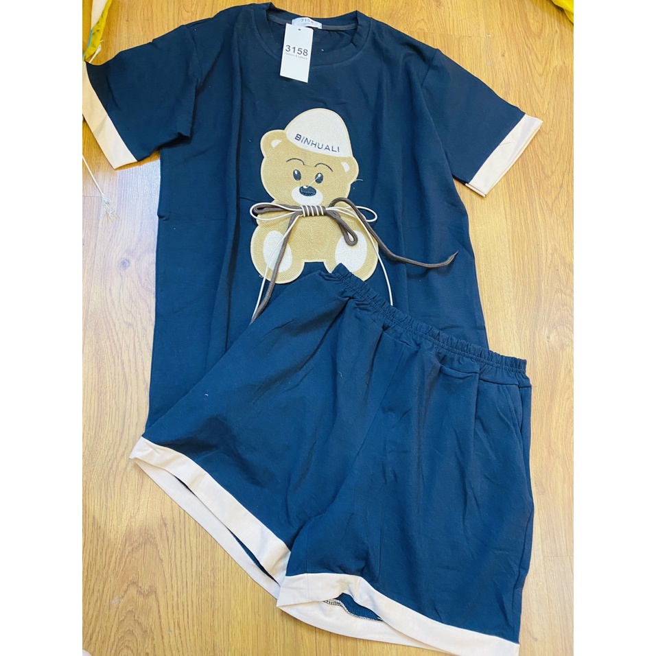 Bộ mặc nhà nữ mùa hè , đồ bộ bigsize chất cotton khô, thêu hình gấu
