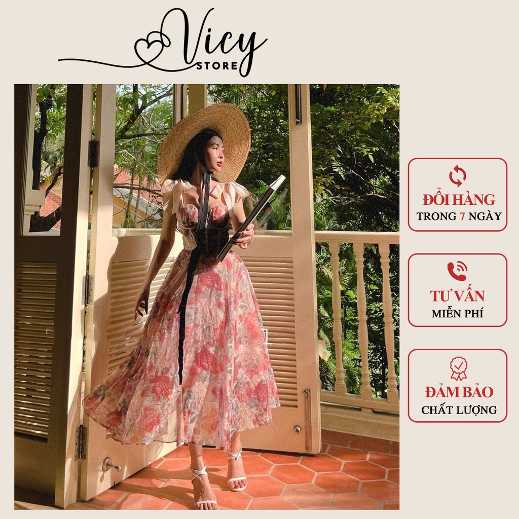 Đầm maxi cúp ngực đi biển 2 dây cột vai có mút ngực, váy dây nữ voan hoa croset sang chảnh Vicy 2HCR001