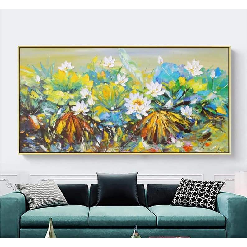 Tranh canvas treo rường hoa sen trắng in giả sơn dầu khổ ngang 100 x 50 cm