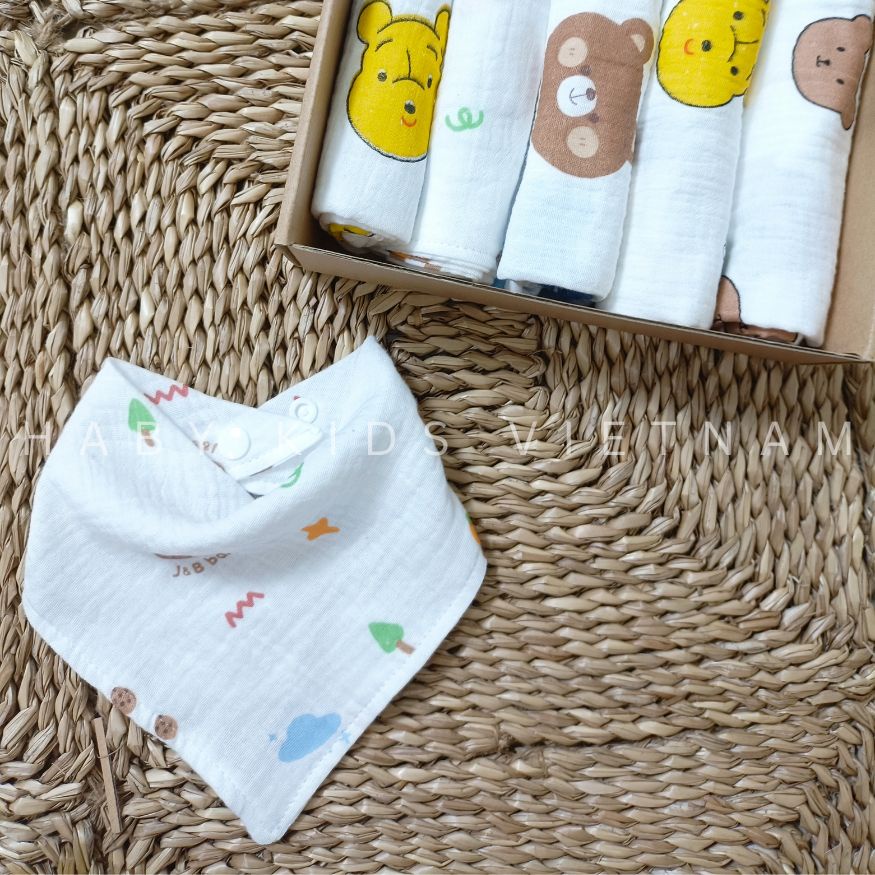 Khăn yếm tam giác chất xô muslin 4 lớp có cúc bấm cho bé yêu HABY KIDS