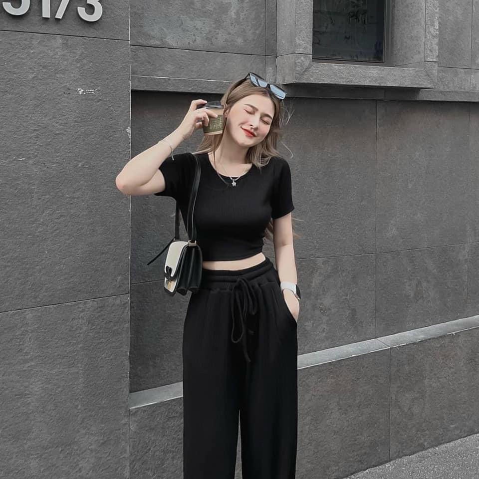 Set bộ đồ nữ áo croptop cộc tay khoét lưng mix quần ống suông rộng chất thun gân phong cách năng động đường phố