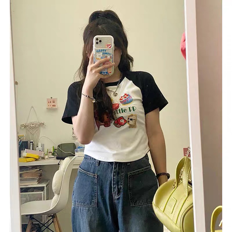 Áo Thun Baby tee Chất Thun Co Dãn In Hình Dễ Thương, Áo Croptop Nữ Ôm Body Raglan Năng Động Trẻ Trung