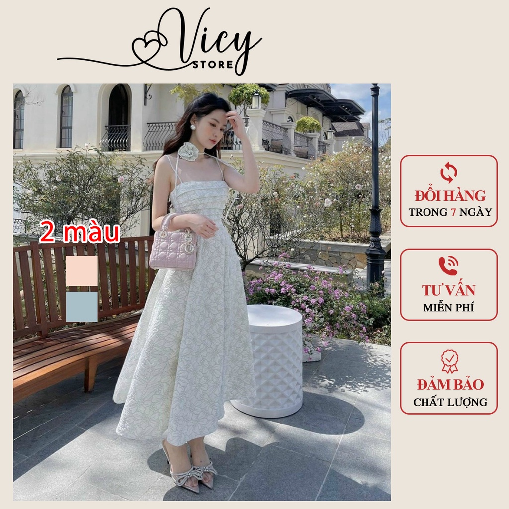 Đầm 2 dây choker hoa cổ gấm xốp xếp ly dáng dài, váy nữ tiểu thư sang chảnh đi tiệc đi chơi Vicy 2NOCHO001