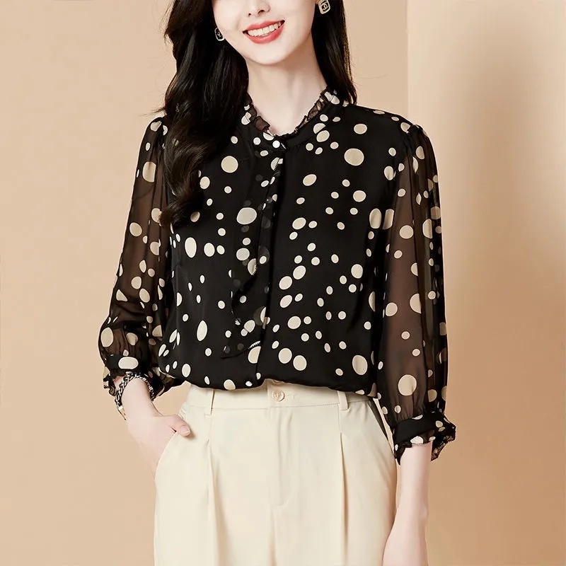 Áo Sơ Mi Chiffon Tay Lỡ 3 / 4 Họa Tiết Chấm Bi Thời Trang Cho Nữ