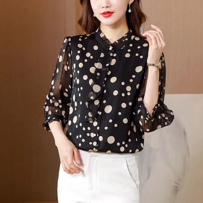 Áo Sơ Mi Chiffon Tay Lỡ 3 / 4 Họa Tiết Chấm Bi Thời Trang Cho Nữ