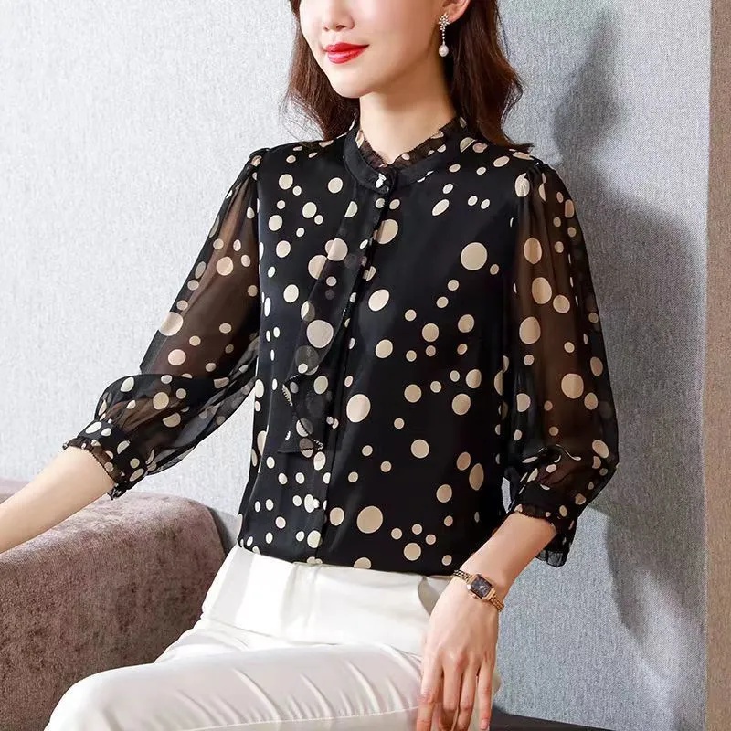 Áo Sơ Mi Chiffon Tay Lỡ 3 / 4 Họa Tiết Chấm Bi Thời Trang Cho Nữ