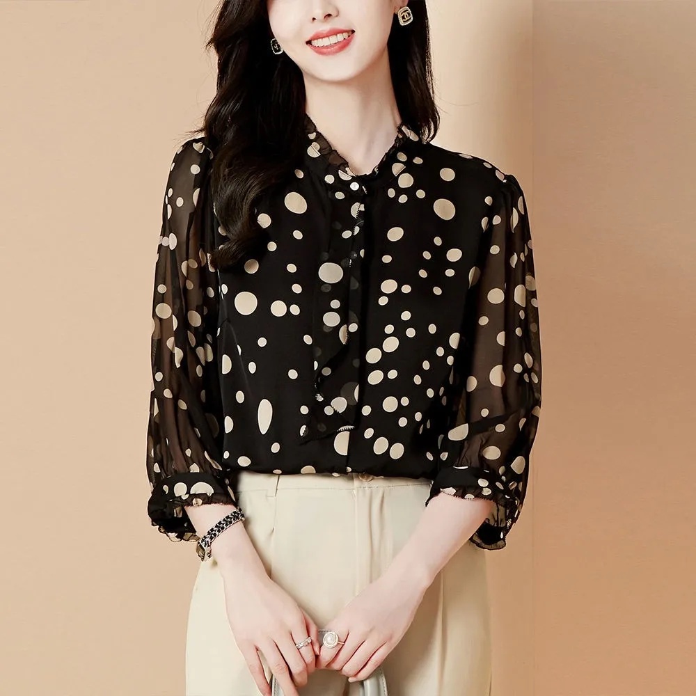 Áo Sơ Mi Chiffon Tay Lỡ 3 / 4 Họa Tiết Chấm Bi Thời Trang Cho Nữ