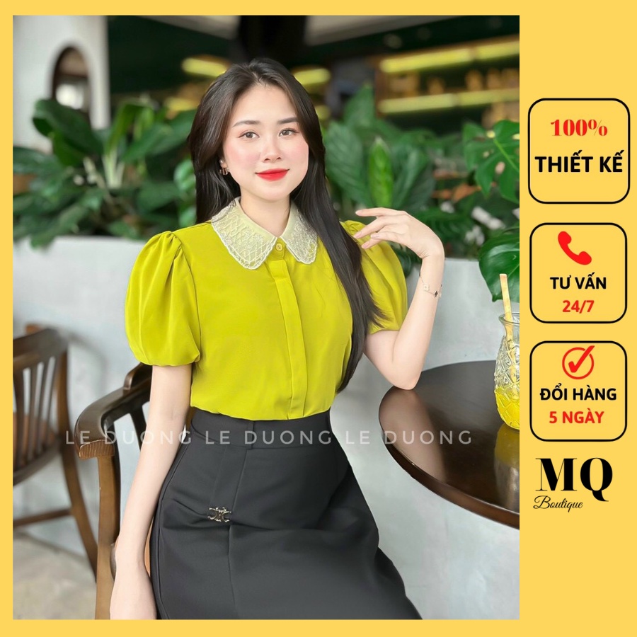 Áo sơ mi lụa nữ cộc tay cao cấp công sở trơn cổ cánh sen đính hạt tay bồng sang trọng, áo sơ mi thiết kế MQ Boutique