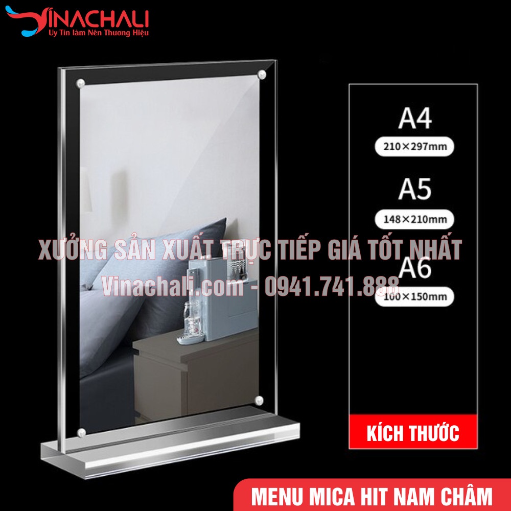 Menu Mica Cao Cấp Để Thông Tin, Bảng Giá Sản Phẩm, Mặt Mica Trong Suốt Hít Nam Châm, Đế Dày Chắc Chắn Khổ A4 A5 A6 A7
