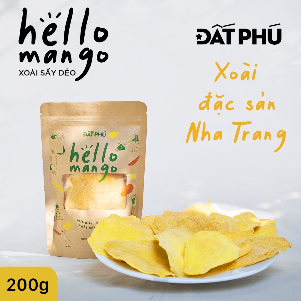 Xoài sấy dẻo ĐẤT PHÚ, HELLO MANGO, Xoài đặc sản Nha Trang, túi zip 200g, chua ngọt hấp dẫn
