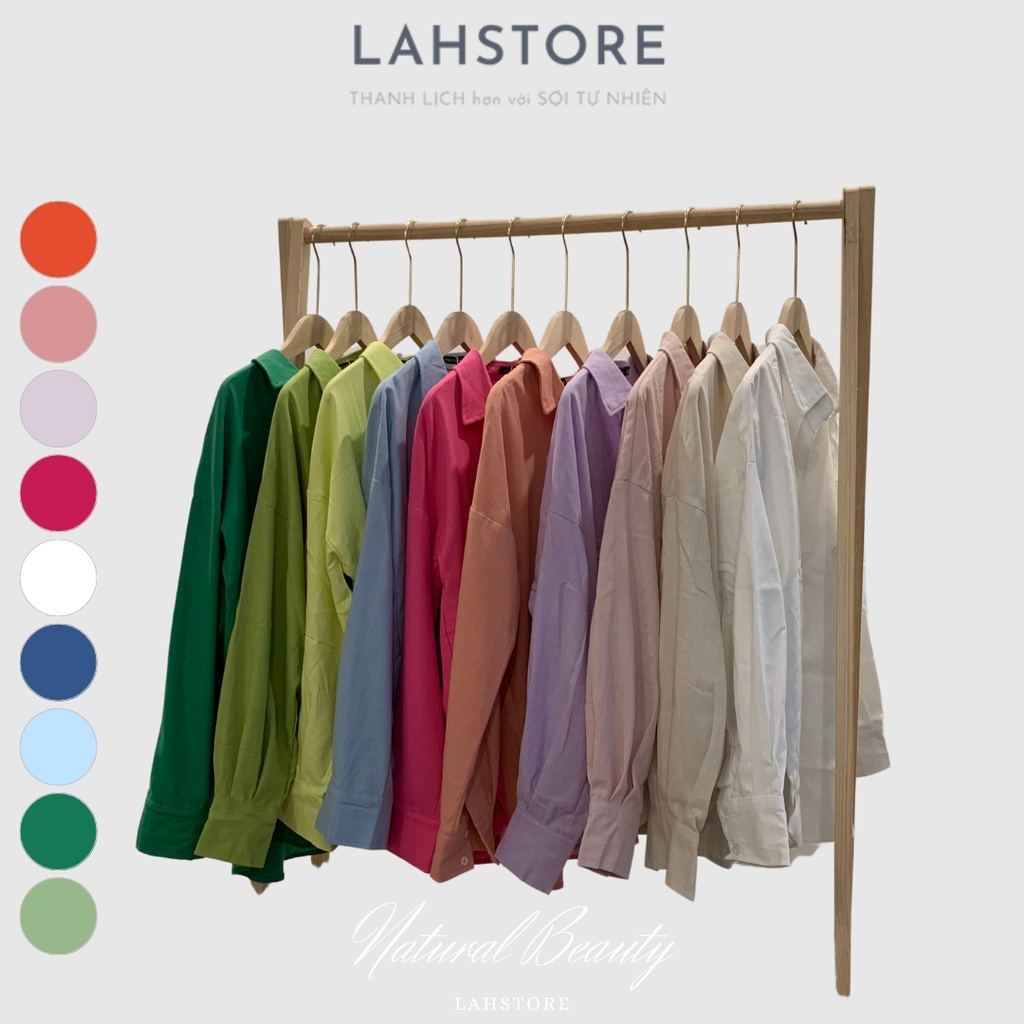 Áo sơ mi nữ form rộng tay dài trễ vai vải linen thô, đuôi tôm khoét sâu LAHSTORE ASL01 (Ảnh thật, nhiều màu)