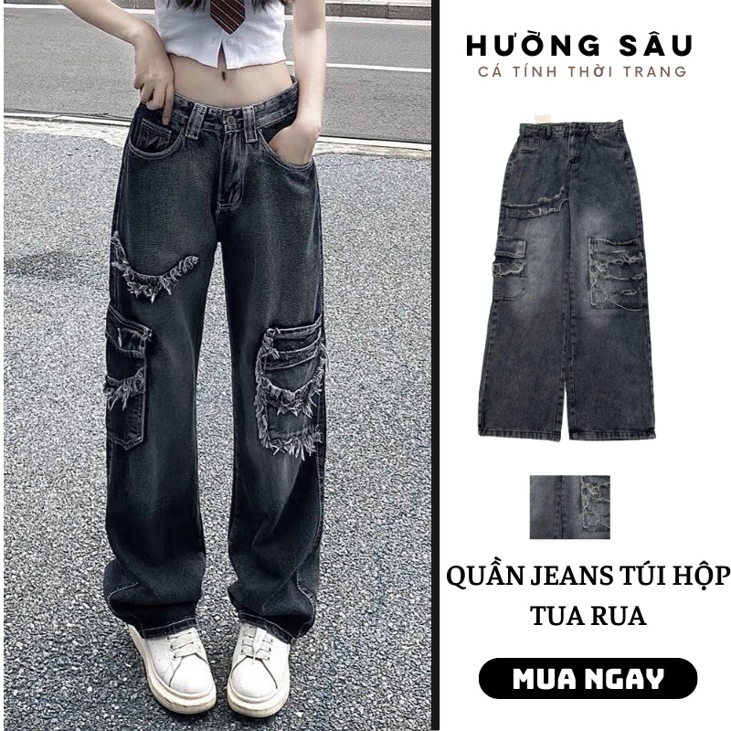 Quần jeans nữ ống rộng Túi Hộp Tua Rua chất bò dày dặn màu khói xám dáng dài Hường Sâu Shop