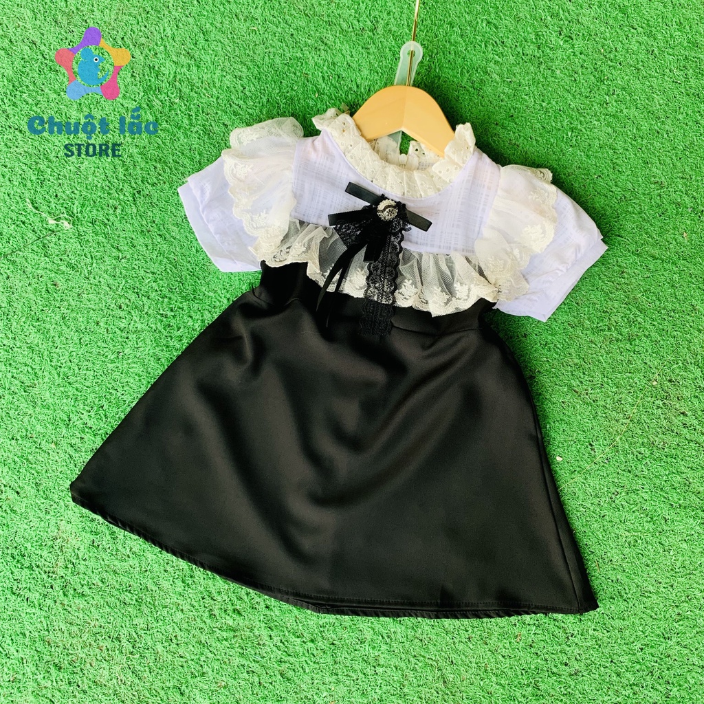 Váy bé gái chữ A viền ren vải trượt chéo 8kg đến 25kg