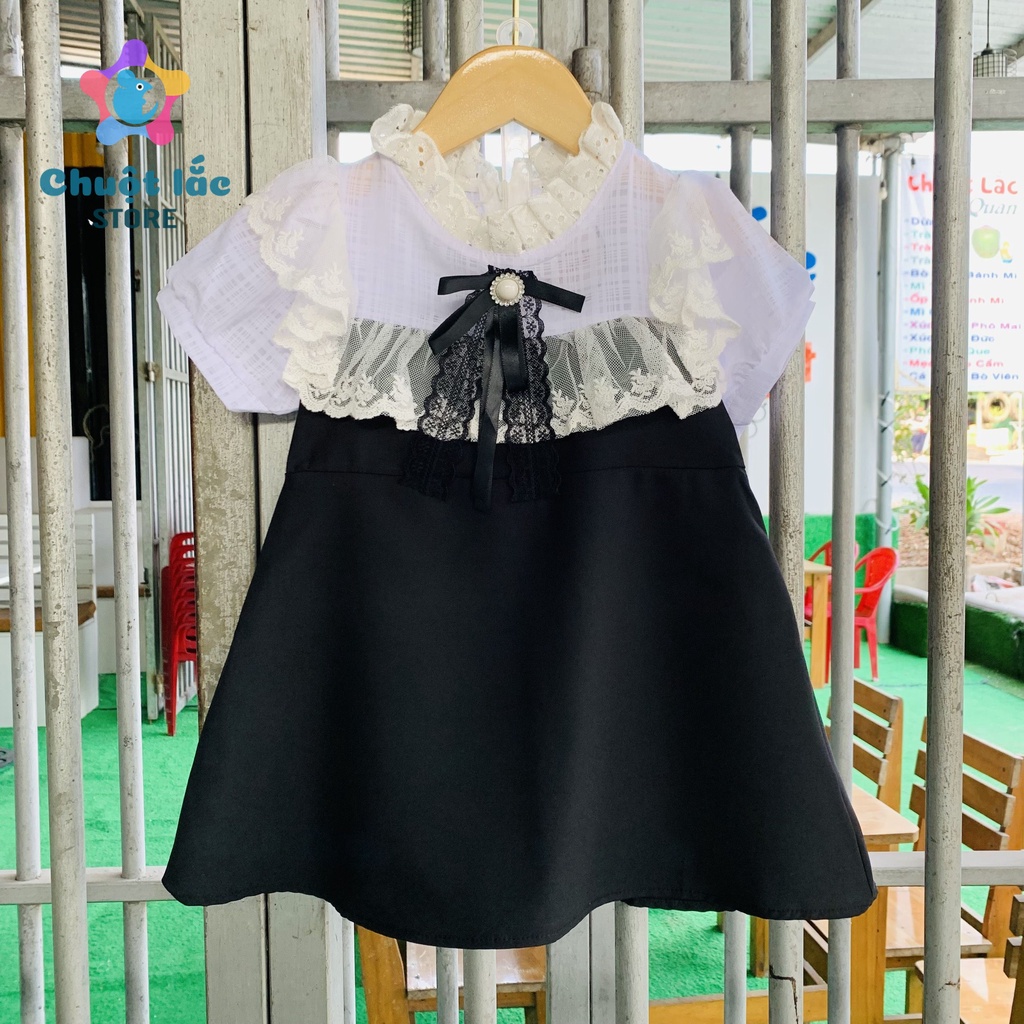 Váy bé gái chữ A viền ren vải trượt chéo 8kg đến 25kg