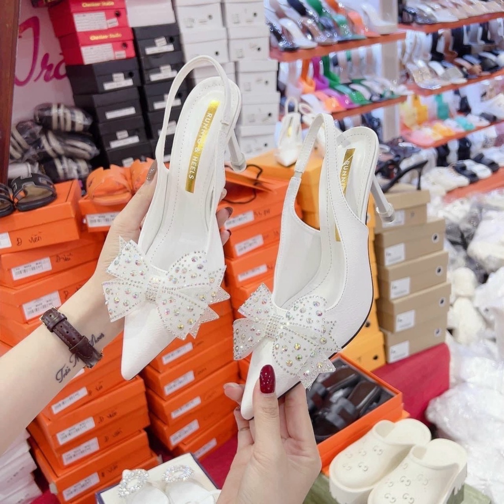Giày cao gót nữ 5cm mũi nhọn ERICA, đính đá da bóng cực xinh H15