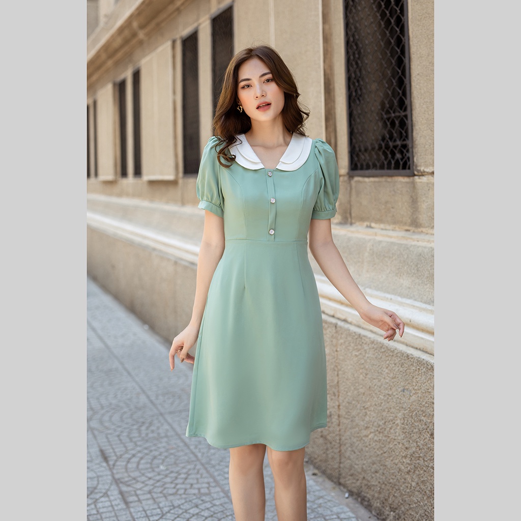 Đầm công sở chữ a 2 lớp tay phồng cổ sen thời trang Eden chất liệu mềm mại thoáng mát - D495