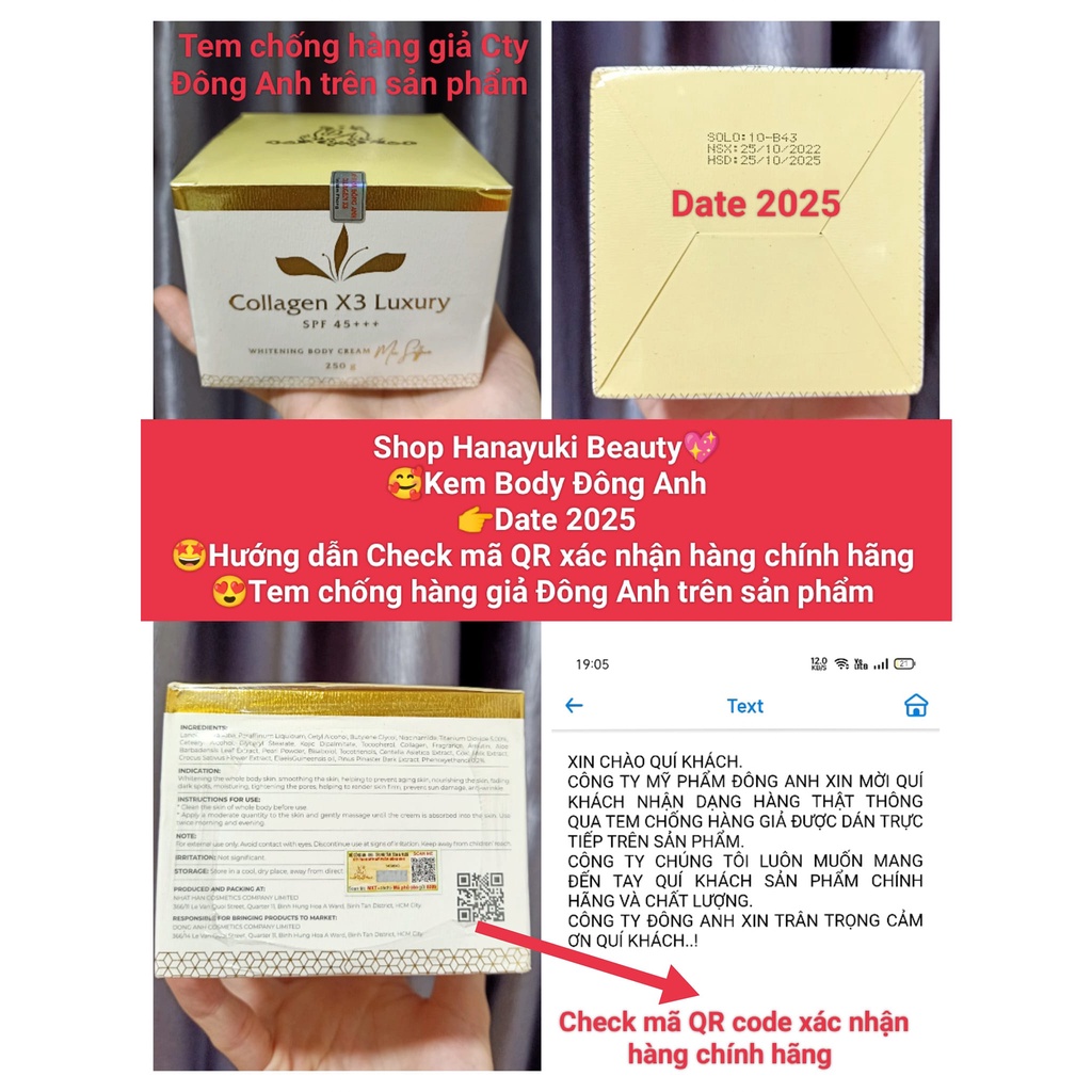 Hàng Chính Hãng_Date 2026] Kem Body Collagen X3 Luxury Đông Anh 250gr Giúp Dưỡng Da Trắng Sáng, Mềm Mịn, Thơm Hương Lâu