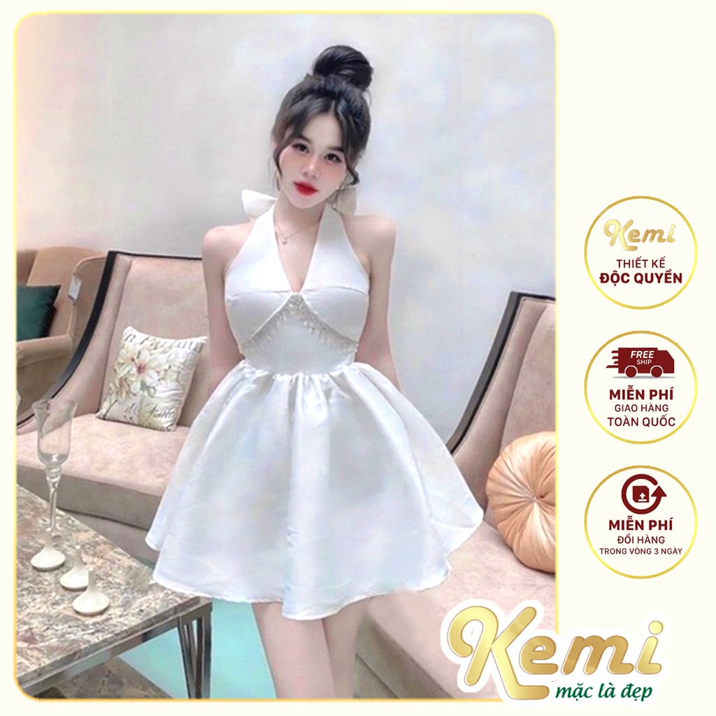 Váy yếm đá ngực nơ lưng Kemi đầm xòe chất Tafta dáng A chuẩn form phong cách Pháp