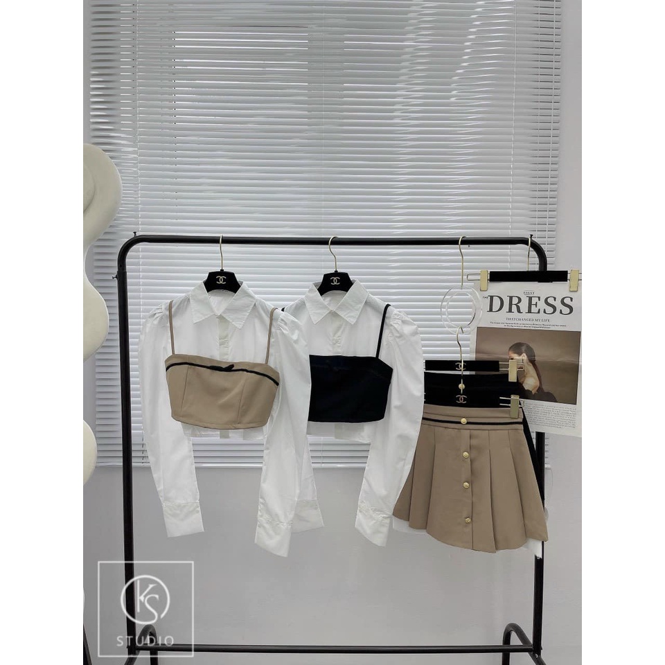 Sét áo sơ mi kèm áo 2 đây+ chân váy cúc vàng cạp cao