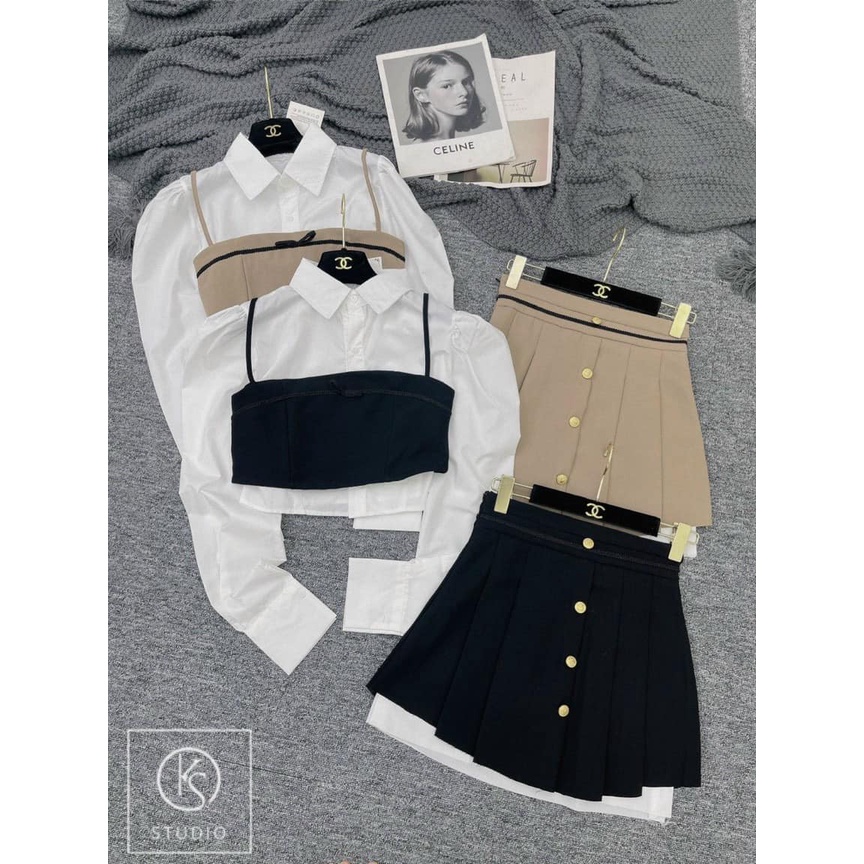 Sét áo sơ mi kèm áo 2 đây+ chân váy cúc vàng cạp cao