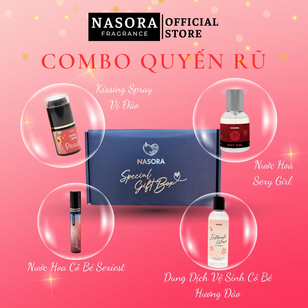 [COMBO QUYẾN RŨ] Bộ Sản Phẩm Nasora Combo Quyến Rũ 4 in 1 Gồm Kissing Spray, Dung Dịch Vệ Sinh, Nước Hoa Full Size 30ml