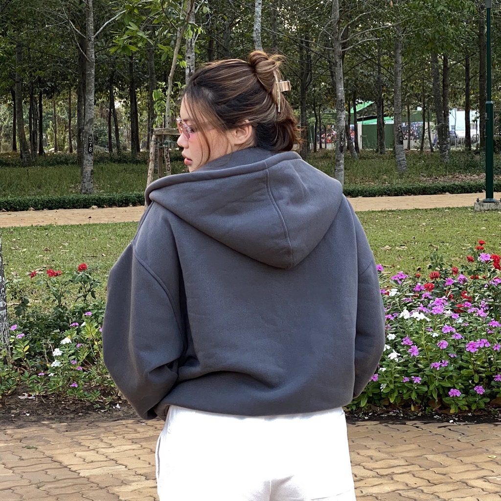 Áo hoodie zip boxy trơn unisex nỉ ngoại local brand - Áo khoác nỉ dây kéo form crop trơn nam nữ 5 màu  - MOUTEE.SG