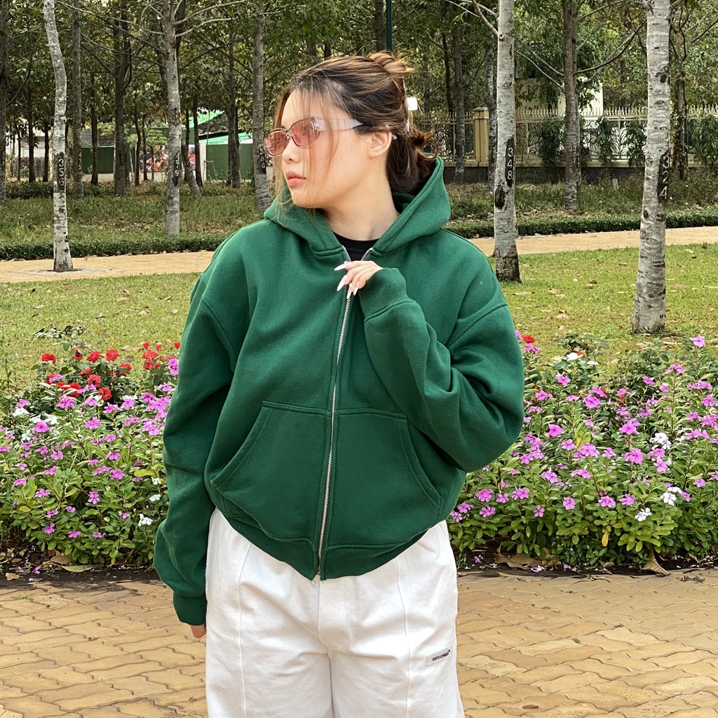 Áo hoodie zip boxy trơn unisex nỉ ngoại local brand - Áo khoác nỉ dây kéo form crop trơn nam nữ 5 màu  - MOUTEE.SG