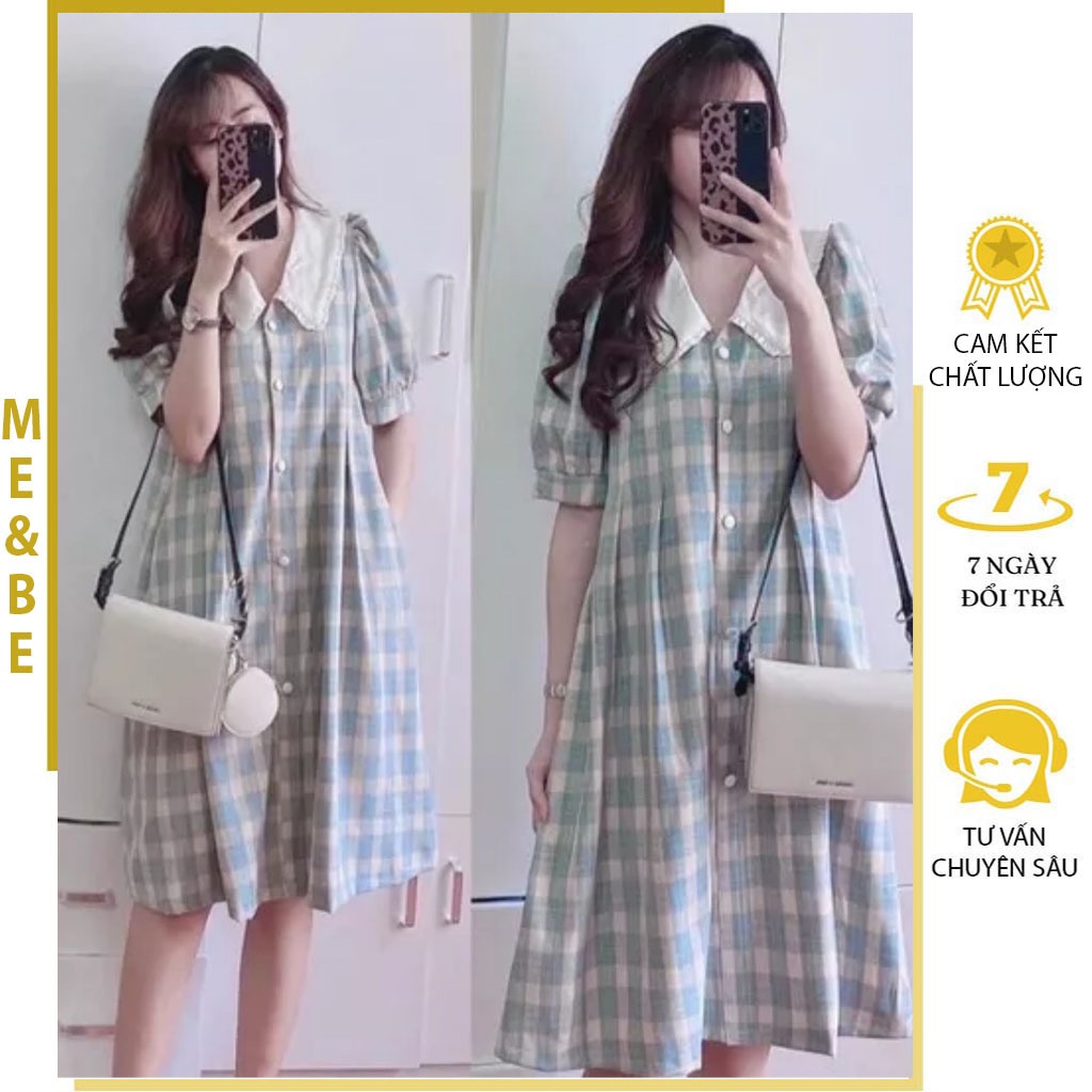 VÁY ĐẦM BẦU CÔNG SỞ MÙA HÈ PHONG CÁCH TIỂU THƯ CỔ SƠ MI HỌA TIẾT KẺ CỰC XINH MẶC TRƯỚC VÀ SAU SINH