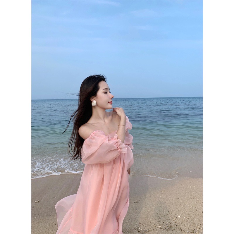 Đầm váy công chúa trễ vai hồng dáng dài xoè bồng bềnh tiểu thư chất tơ Oganza - Ngoc Linh Store